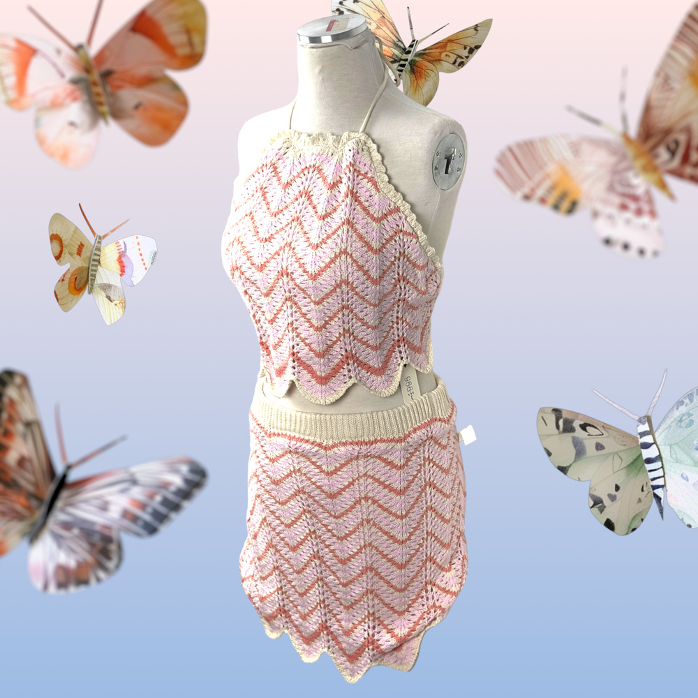 Women’s Crochet 2 Piece Set Skirt Cropped Top Backless Pink Orange Beige New WT - Picture 3 of 16